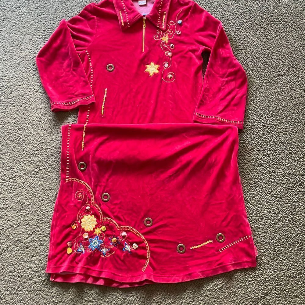 Futoun Egyptian Velvet Red Embroidered Maxi Dress with Gemstones large